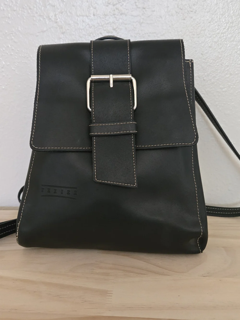 Unisex Black Leather Backpack with Buckle Strap
